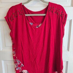 🍒 Pink Republic Cherry Marled Lace-Up Back Floral Top